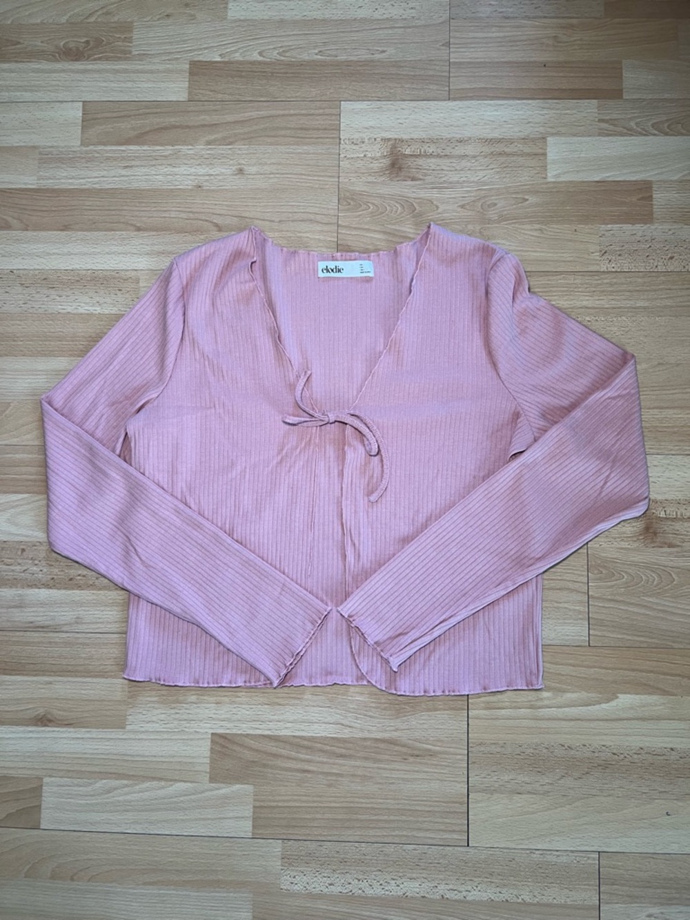 Elodie Pink Ribbed Tie-Front Long Sleeve Top